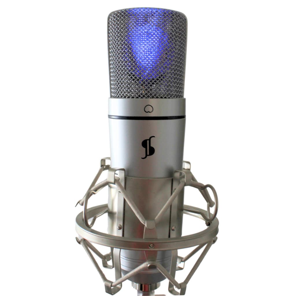 Microfone Condensador prata USB Podcast Stagg com luz led azul PRO