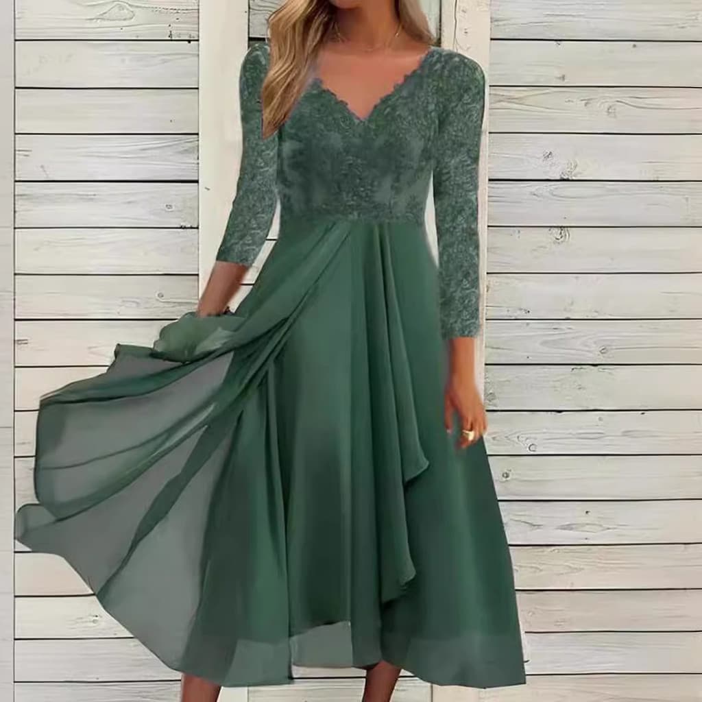 Vestido de Chiffon de Manga Longa de Outono Inverno Europeu e Americano com Decote em V Renda Recortada Vestido de Noite