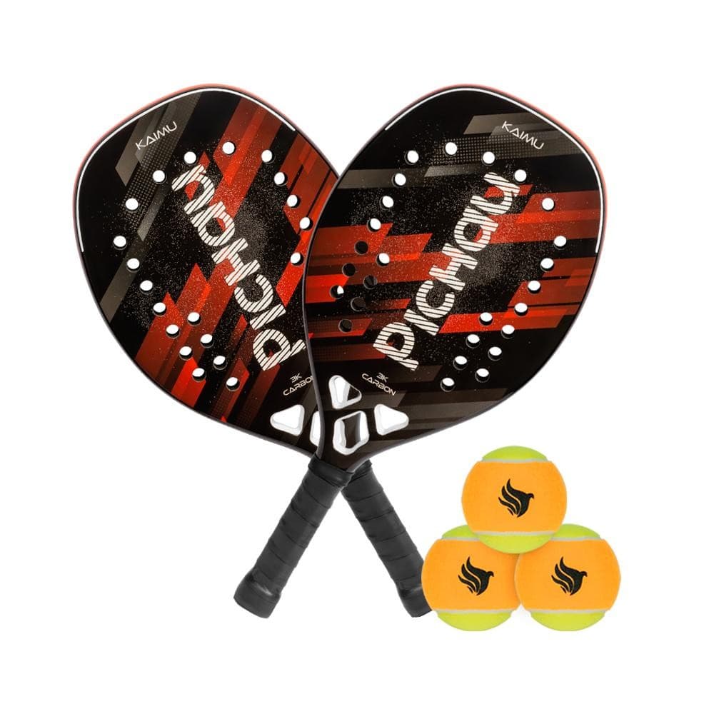 Kit Com 2 Raquetes de Beach Tennis Pichau Kaimu 3K Carbon + Kit Bolas de Beach Tennis Pichau, Com 3 Unidades