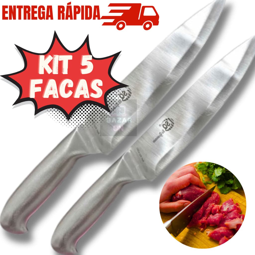 Kit 5 Facas De Cozinha Churrasco Peixeira Toda Aço Inox Escovado Inteiriça 7” Peixe Afiada Cabo Inox