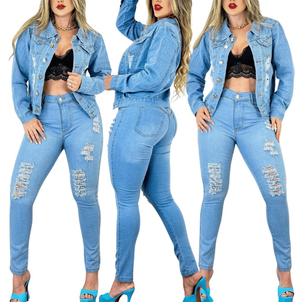 Conjunto Jeans Feminino Jaqueta de Algodão Calça Com Lycra Longa Elástico Menina Moda Inverno