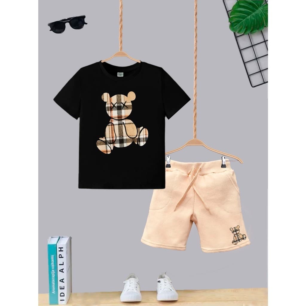 Conjunto Bermuda Bege Com Bolso + Camiseta Algodão Urso Xadrez Moda Infantil Kids Juvenil