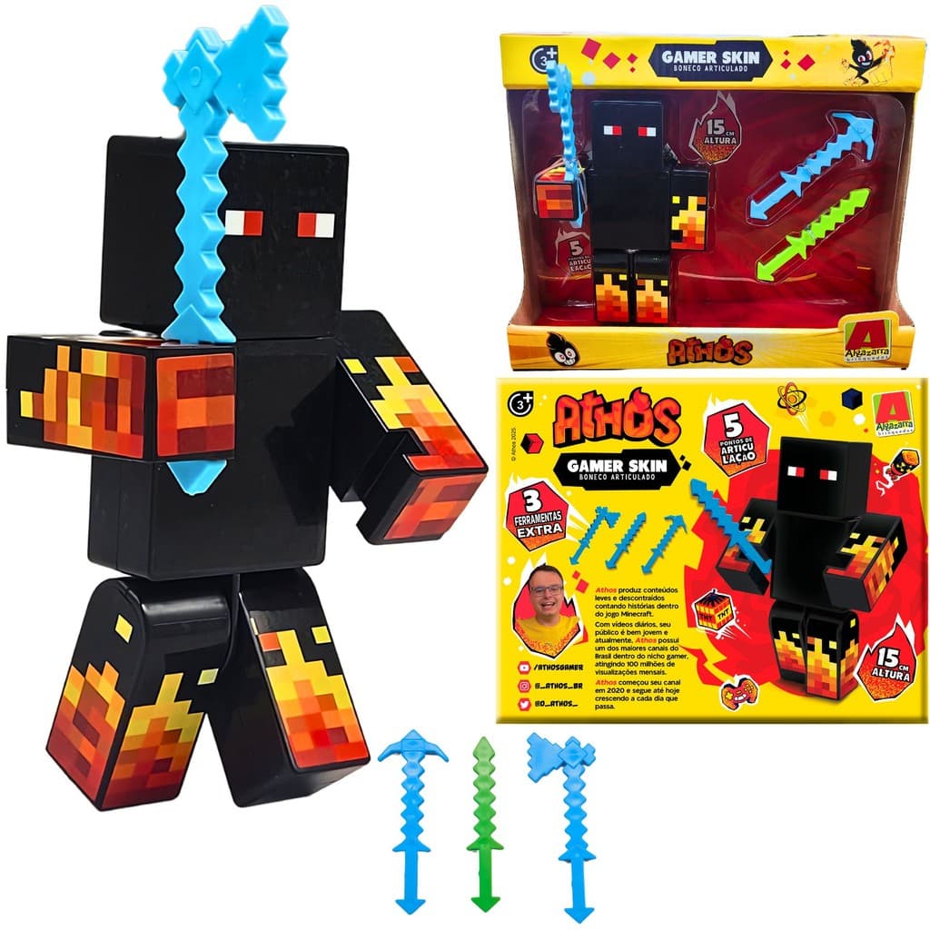 Boneco Minecraft Athos Articulado 15 cm Com 3 Acessórios