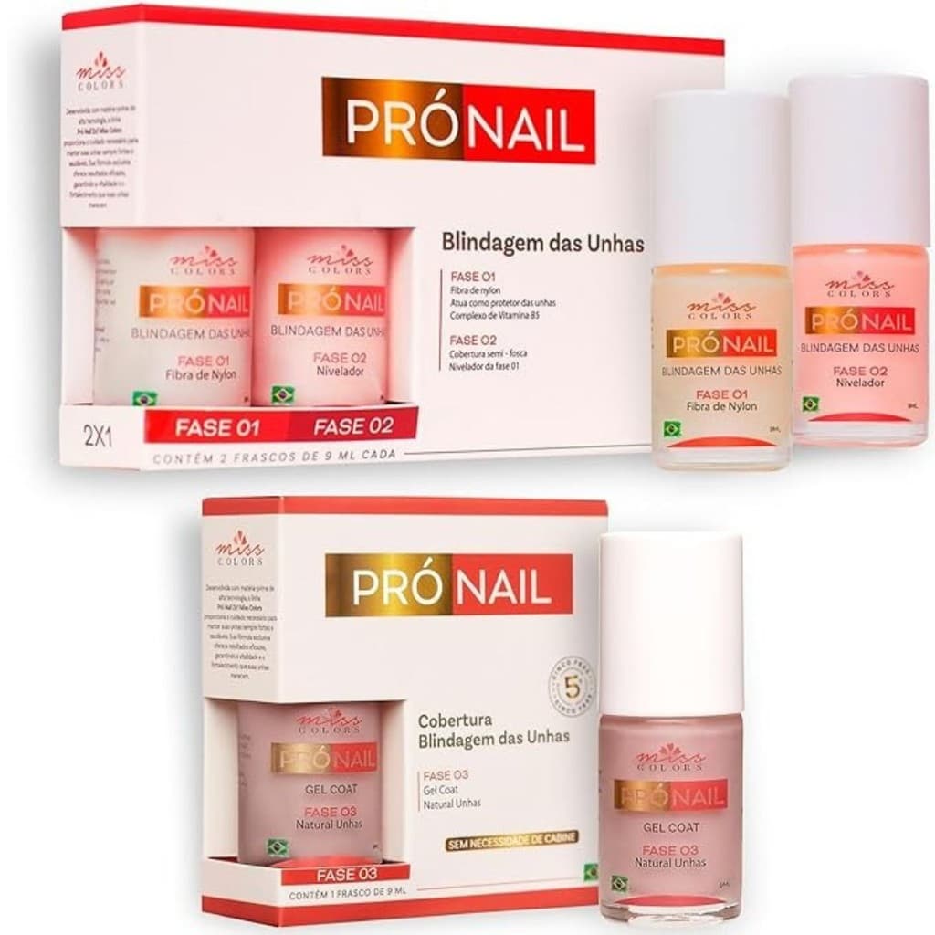 Kit Blindagem das Unhas 3 Fases Fortalecedor Unhas Fracas (Fibra Nylon + Nivelador + Gel Coat Nude) Miss Colors Pró Nail