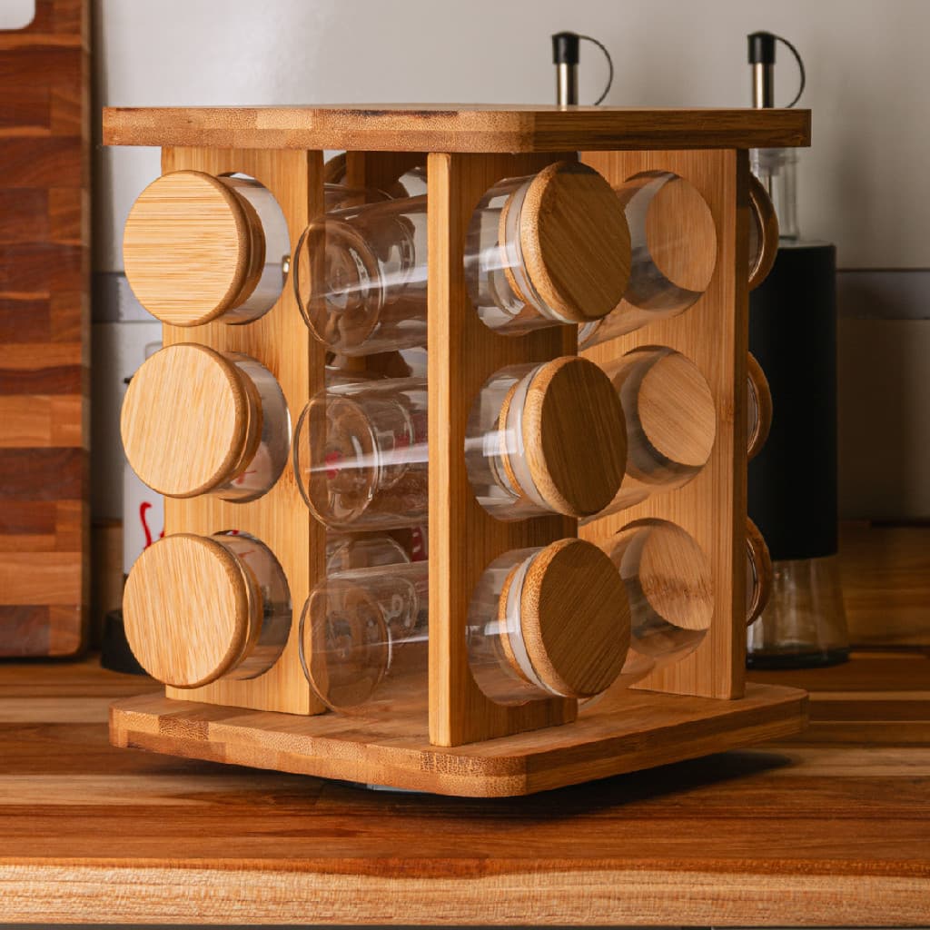 Jogo 12 Potes com Suporte Wolff Tampa Hermética em Vidro e Bambu Rack Giratório Luxo 120ml Porta Temperos Condimentos