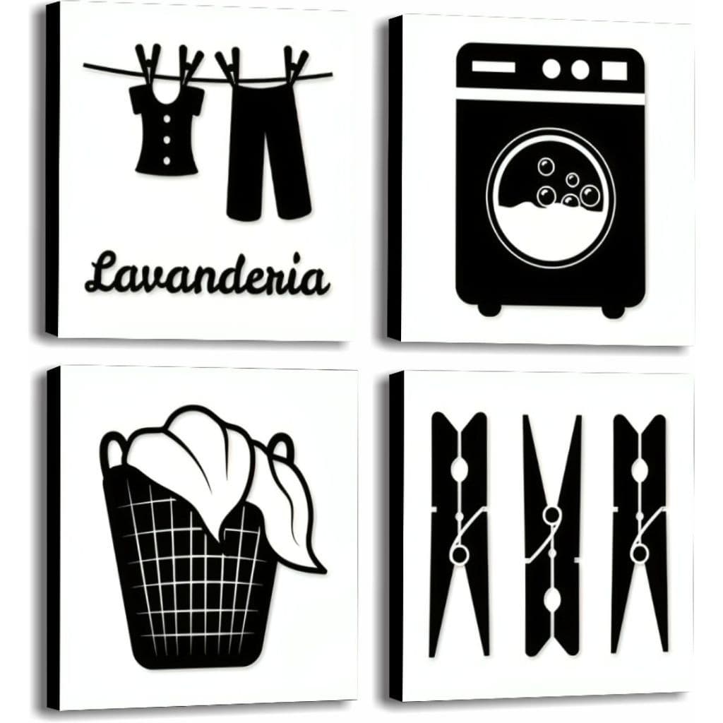 Kit 4 Quadros Decorativos Lavanderia Área de Serviço Casa Quarto Sala Placas Plaquinhas 10x10