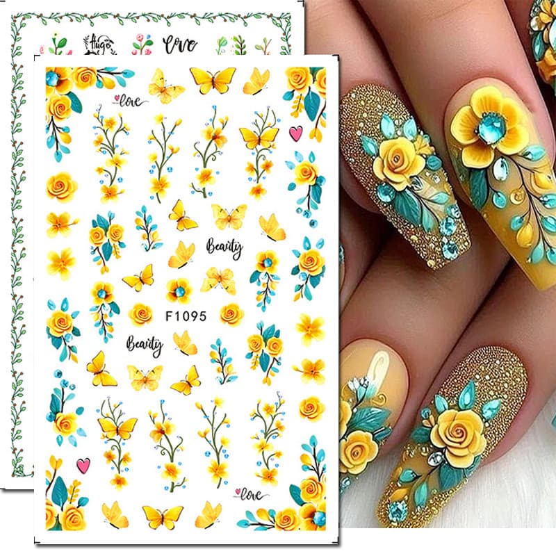 Decalques 3D Para Nail Art F1095-Adesivos De Transferência De Água De Rosa Amarela Vívida E Borboleta Com Folhas Azul-Pe