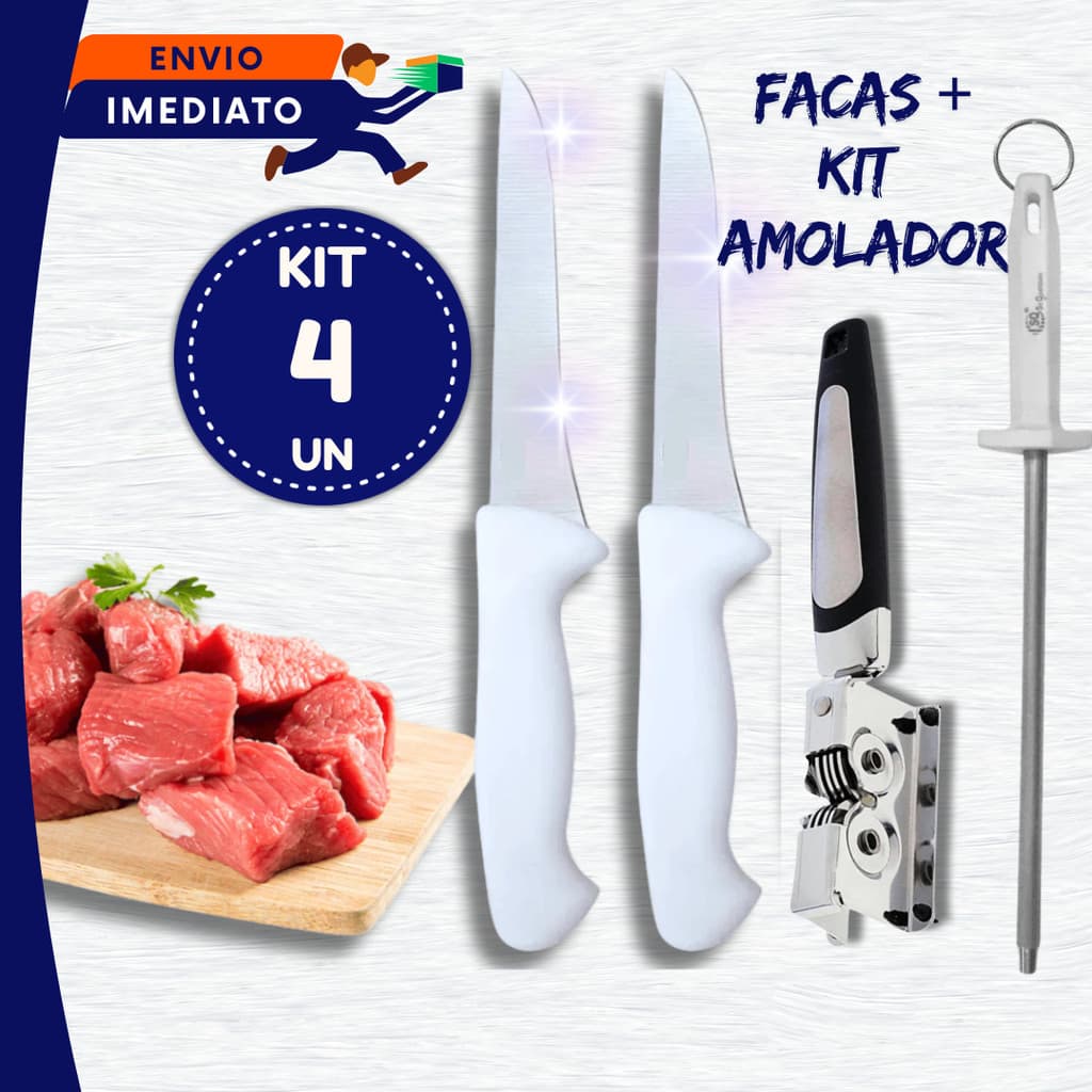 JOGO 04 un Faca 26,8 cm 6" Linha Top Amolador E Chaira Chef Profissional Restaurantes Açougues Utilidades Inox Premium