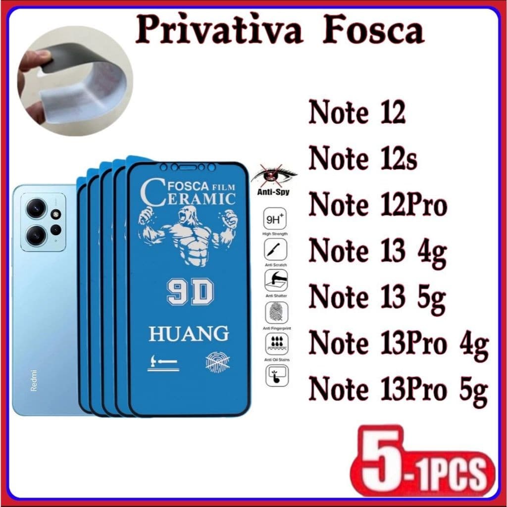 Película Privativa Fosca Anti-Spy Matte Cerâmica Hidrogel Xiaomi Redmi Note12 Note 12Pro Note 13 Note 13Pro