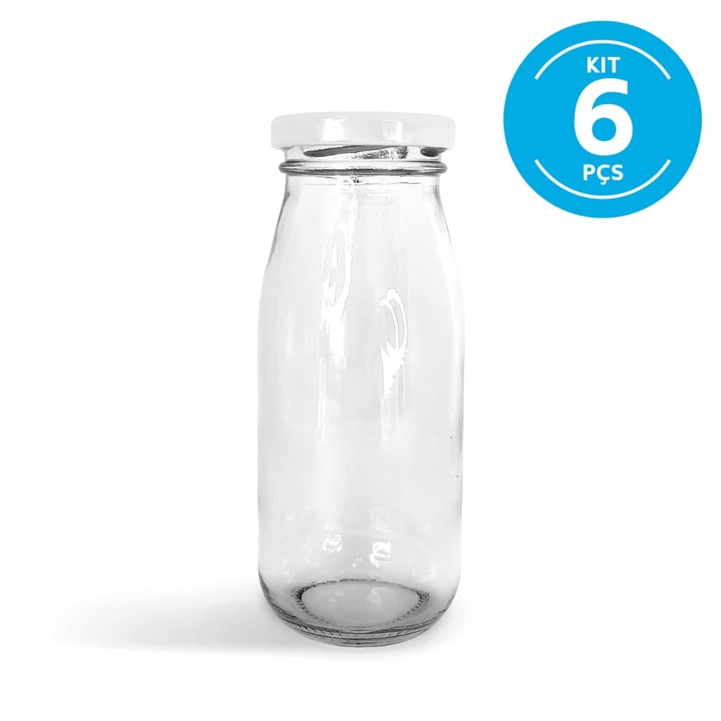 6 Garrafas Vidro Vintage Para Suco 250ml Com Tampa Branca