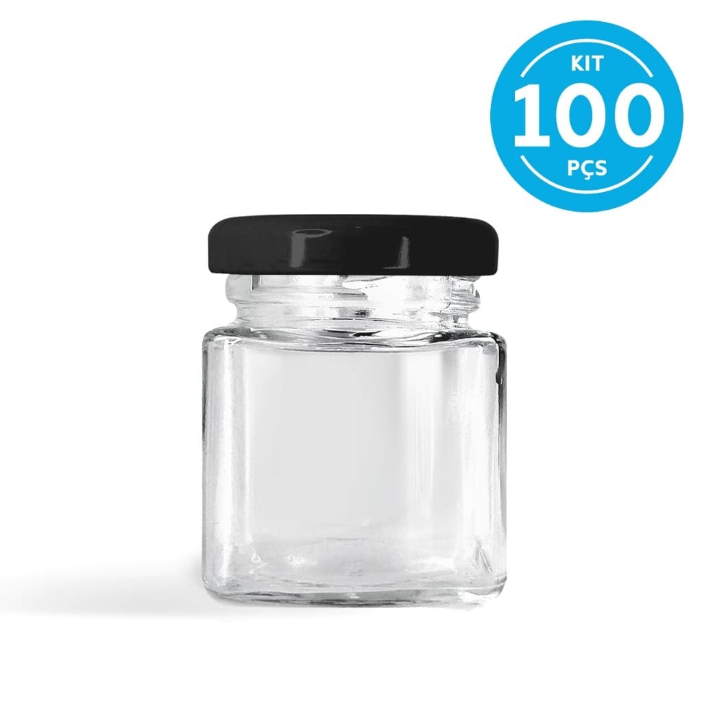 100 Potinhos De Vidro Quadrado Geleinha 50ml Tp Preta