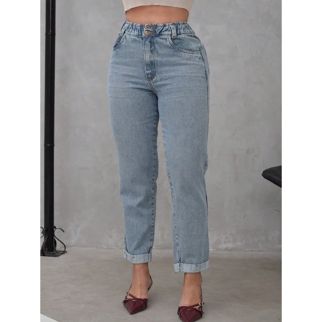 Calça Jeans Feminina Com Elástico No Cós Com Barra Bolso Fashion