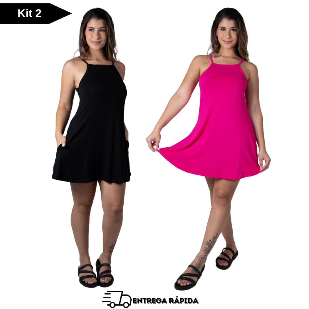 Kit 2 Vestidos Feminino de Malha Viscolycra Leve Soltinho com Bolso do P ao G1 / Alcinha Verão 2025 Curto