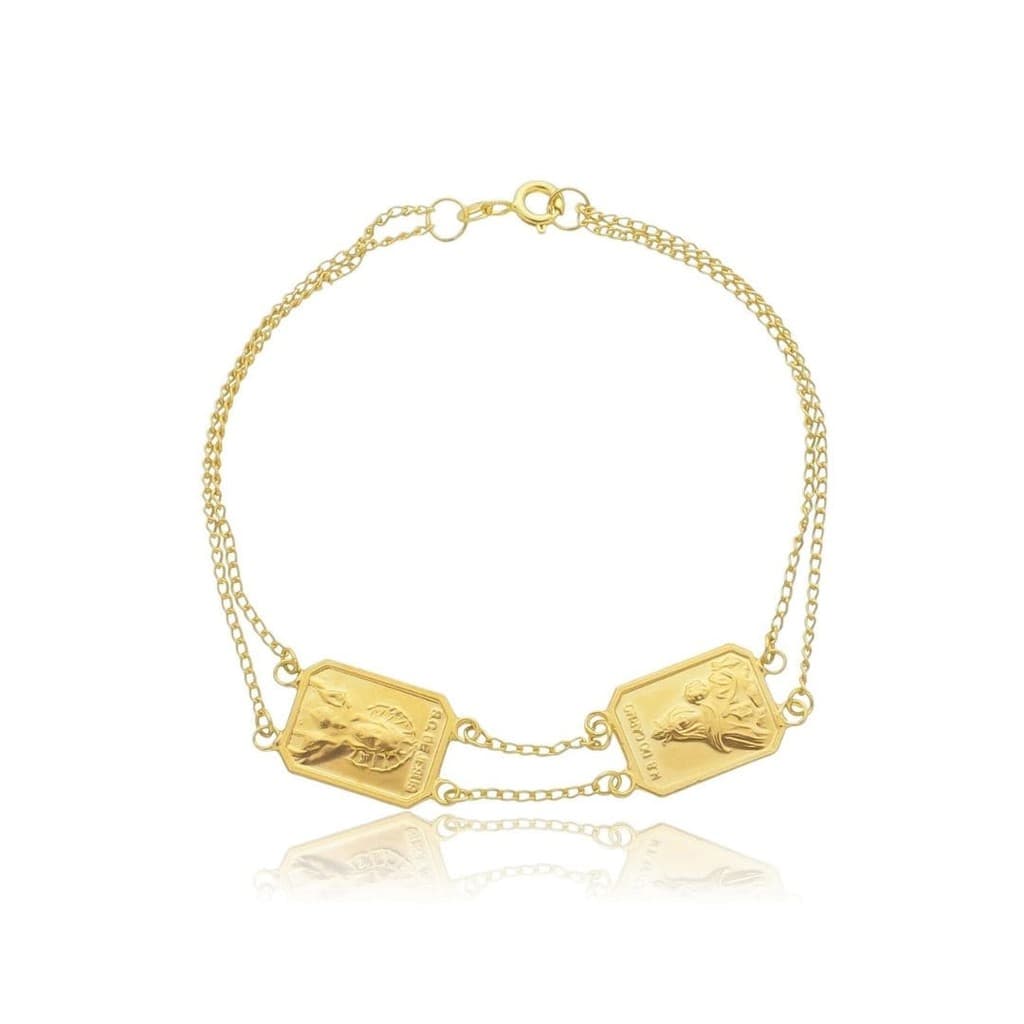 Pulseira Feminina Sagrado Coração e Nossa Senhora do Carmo Prata 925 Banhada a Ouro 18k 18cm