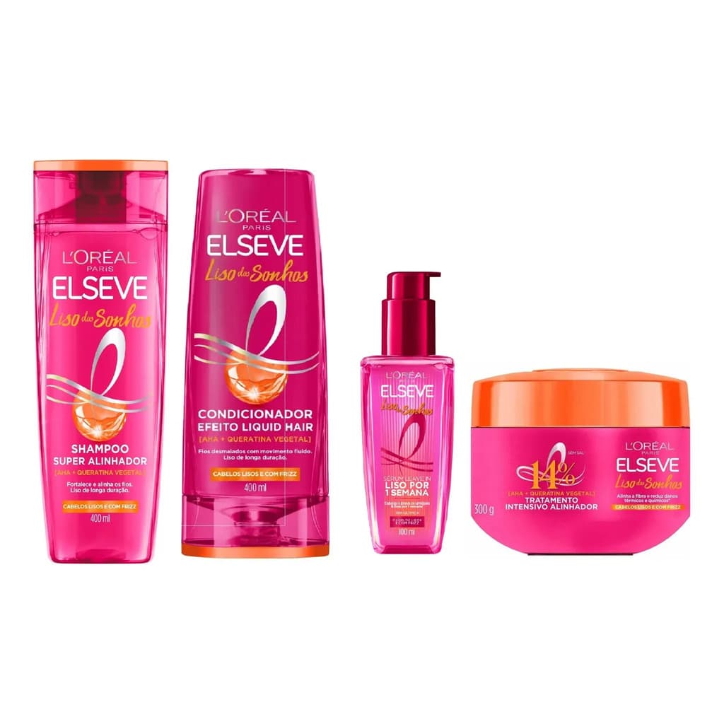 Kit Elseve Liso Dos Sonhos Shampoo 400ml+Condicionador 400ml+Máscara 300g+Serum Leave-in 100ml