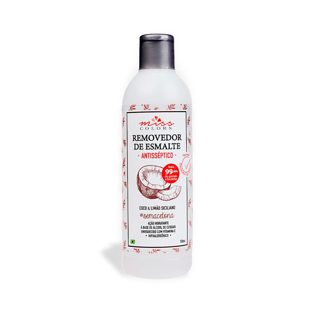 Removedor de Esmalte Sem Acetona 100ml - Não Resseca - Hidratante - Alto Poder de Remoção - Coco e Limão Siciliano