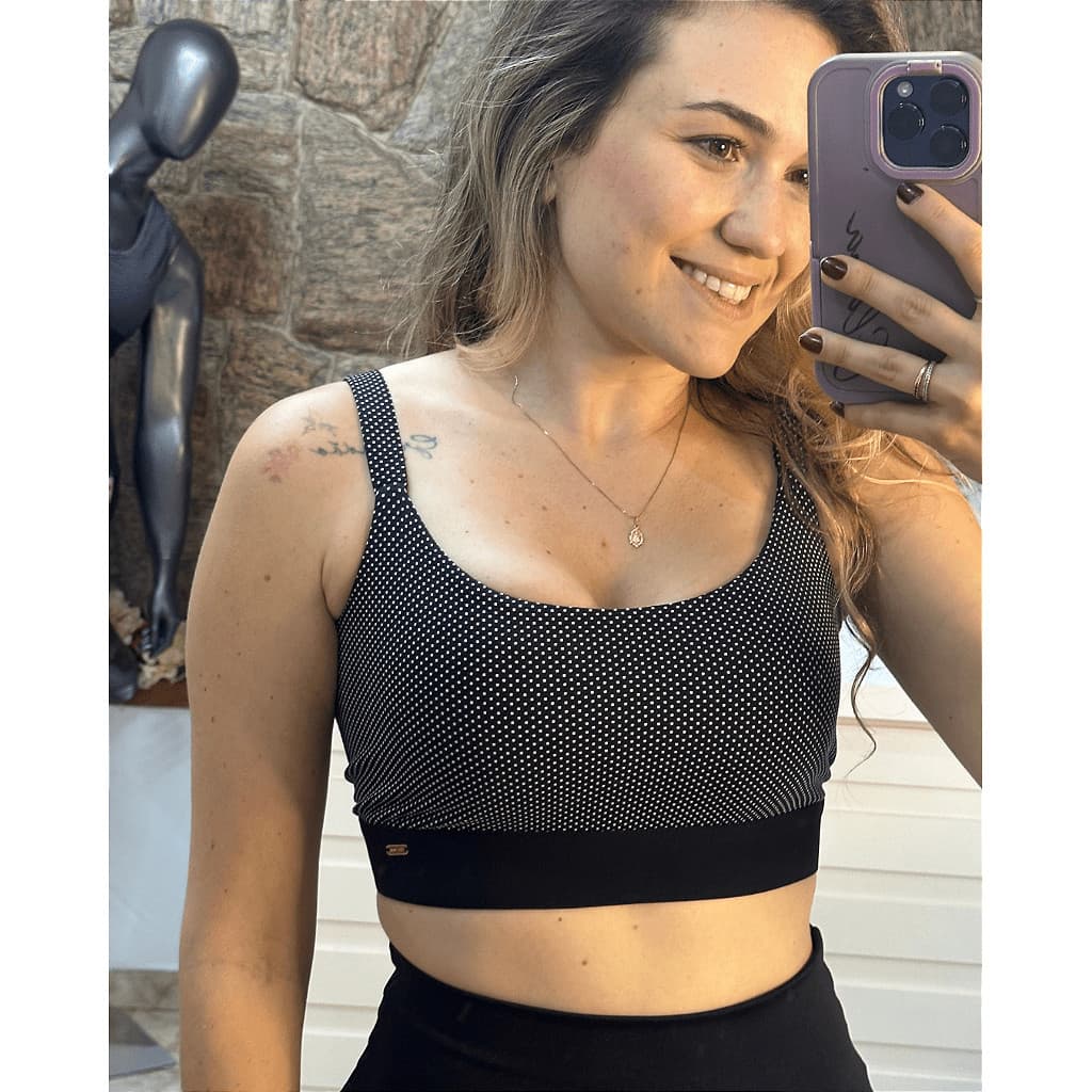 Top Fitness Sustentação Clara Preto e Branco Poa
