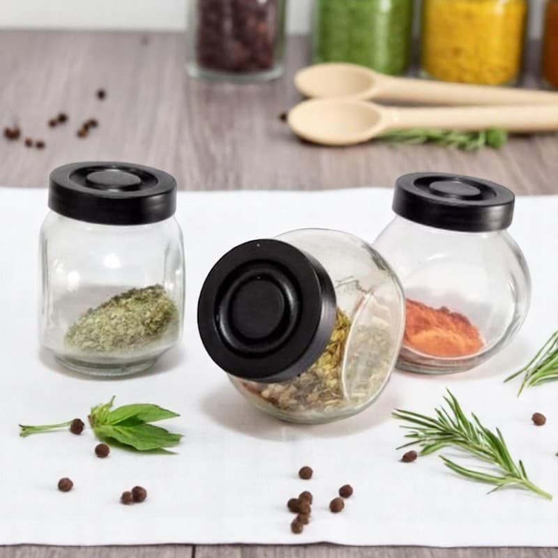 Kit 3 Potes de Vidro para Temperos Porta Condimentos Tampa Preta Cozinha Presente Dia das Mães 190ml