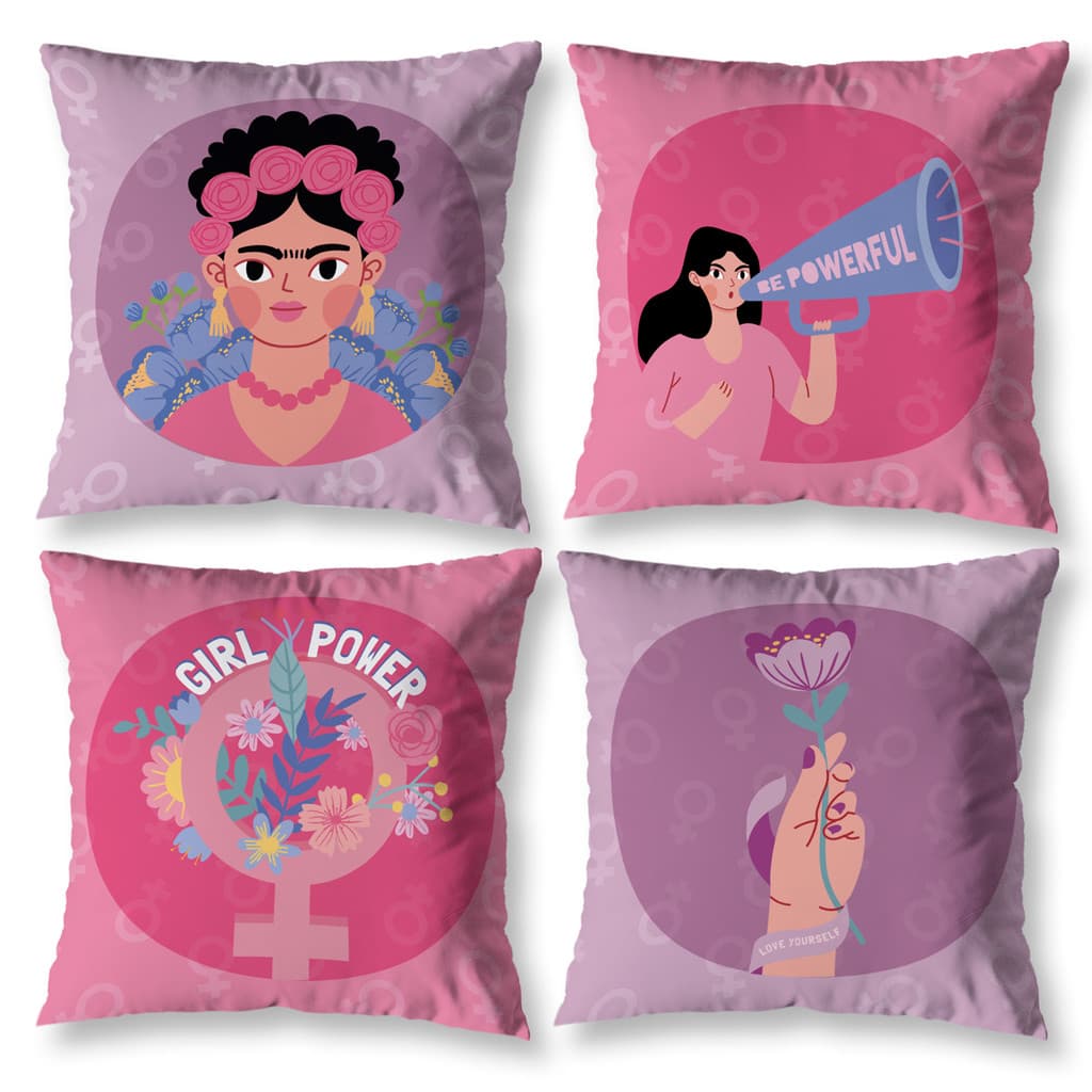 Kit 4  Almofadas Frida Kahlo Feminista Decorativa Estampadas Digital Zíper Invisível Sala Sofá