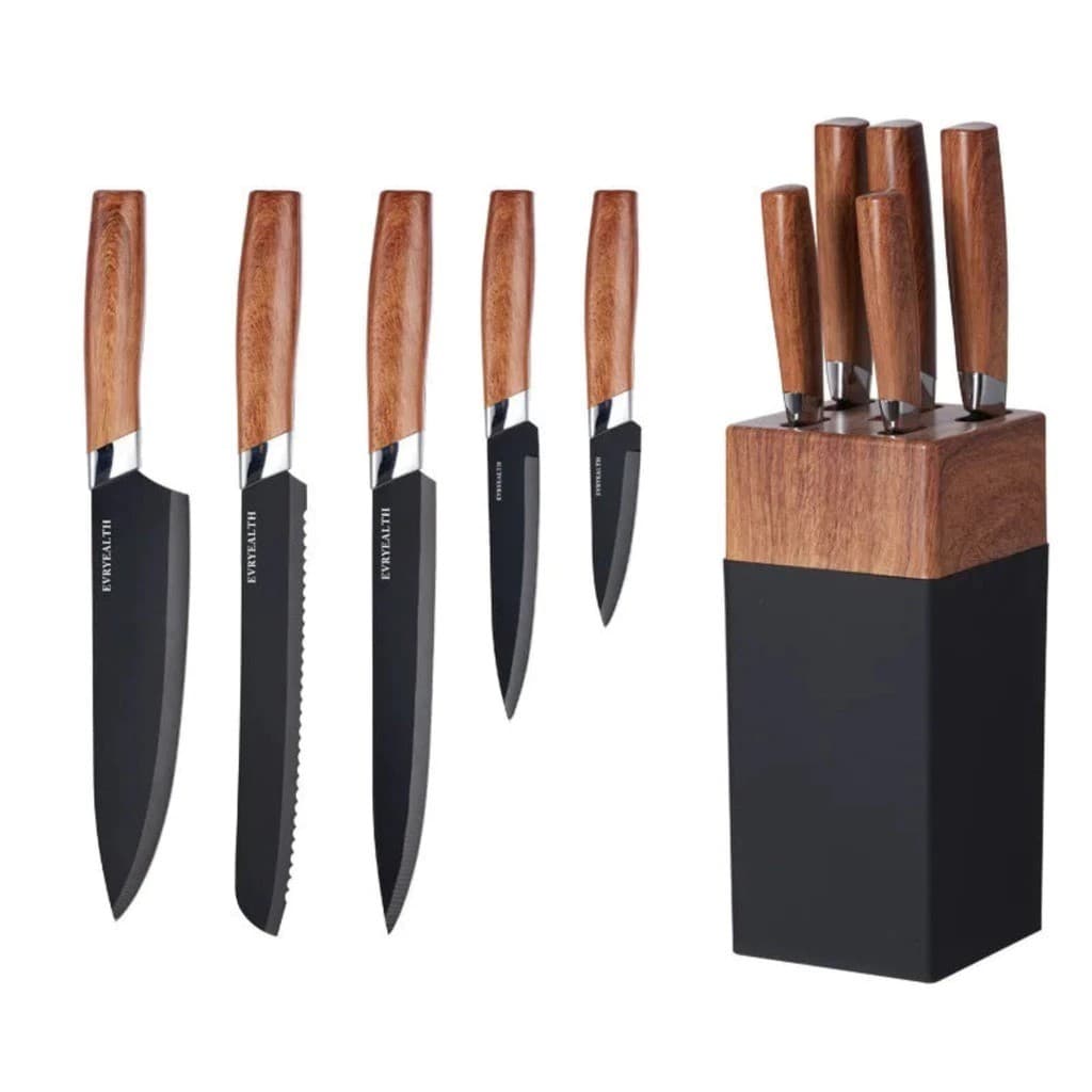 Conjunto de Facas de Cozinha Qualidade Premium em Aço Inoxidável Preto c/ 5 Facas + Suporte