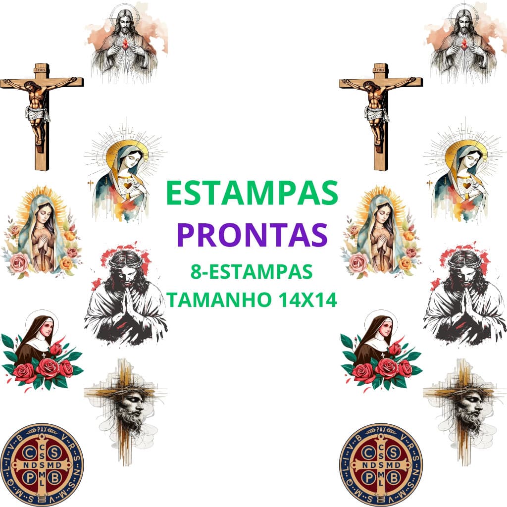 DTF Impressão Com Estampas Prontas Para Camisetas e Tecidos Religiosas Catolicas 8 Estampas 14x14  e  A4 Promoção