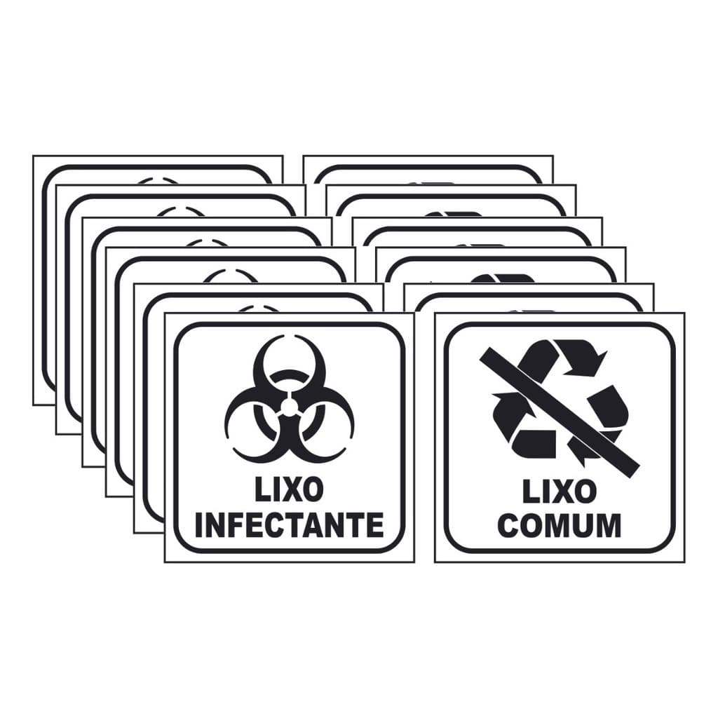 Kit 6 Adesivos Lixo Infectante + 6 Comum 12x12 Fundo Branco