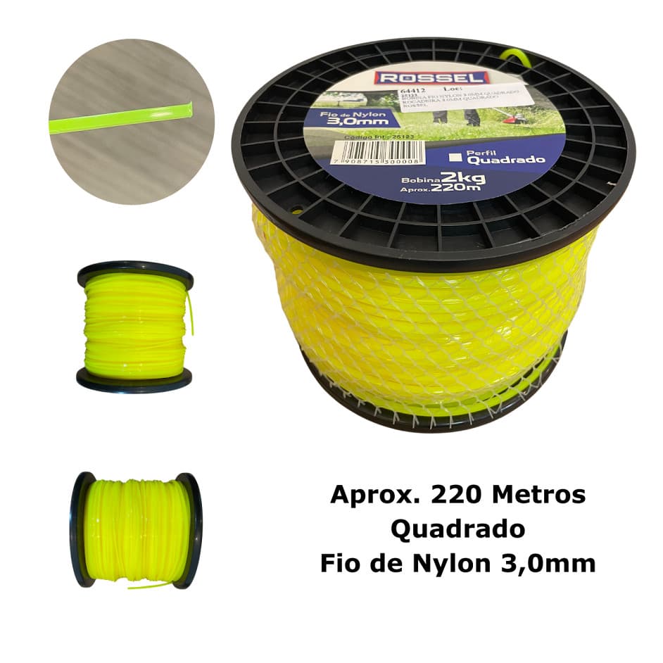 Bobina Fio Nylon Roçadeira 3,0mm Quadrado 220 Metros Ref 25123