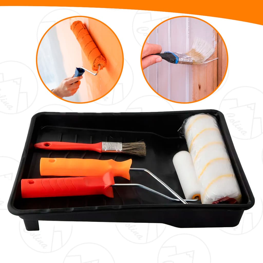 Kit Pintura Econômico Básico 4 Peças Para Parede Bandeja Rolo De Pintura E Pincel