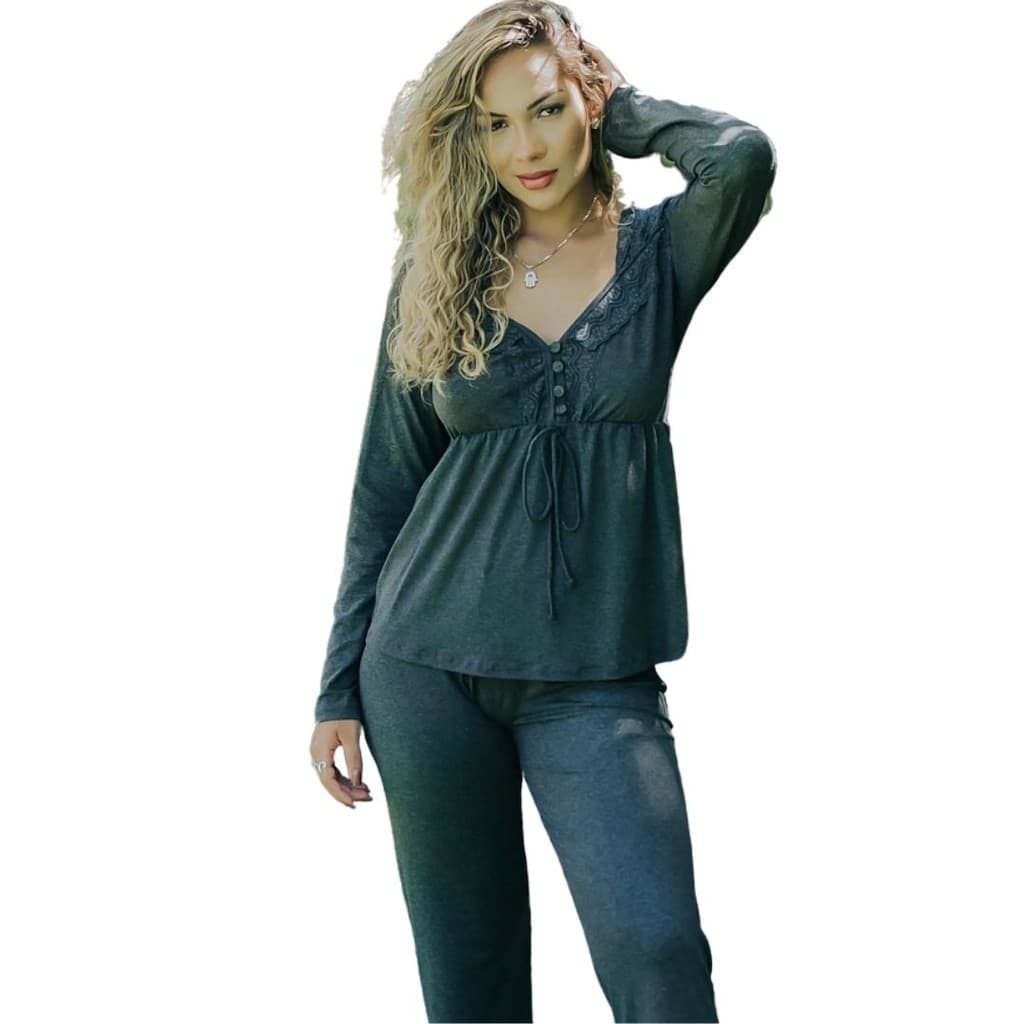 Pijama de Frio Detalhes Em Renda Inverno Confort Viscolycra