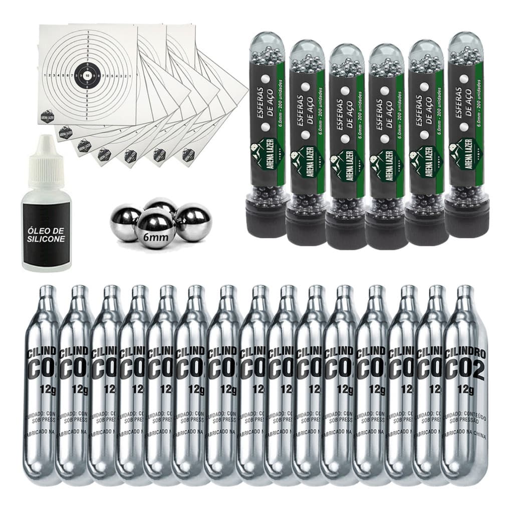Kit CO2 12g 15un + 1200 Esferas Aço 6mm + 50 Alvos 14x14cm + Silicone Lubrificante Airgun Pistola