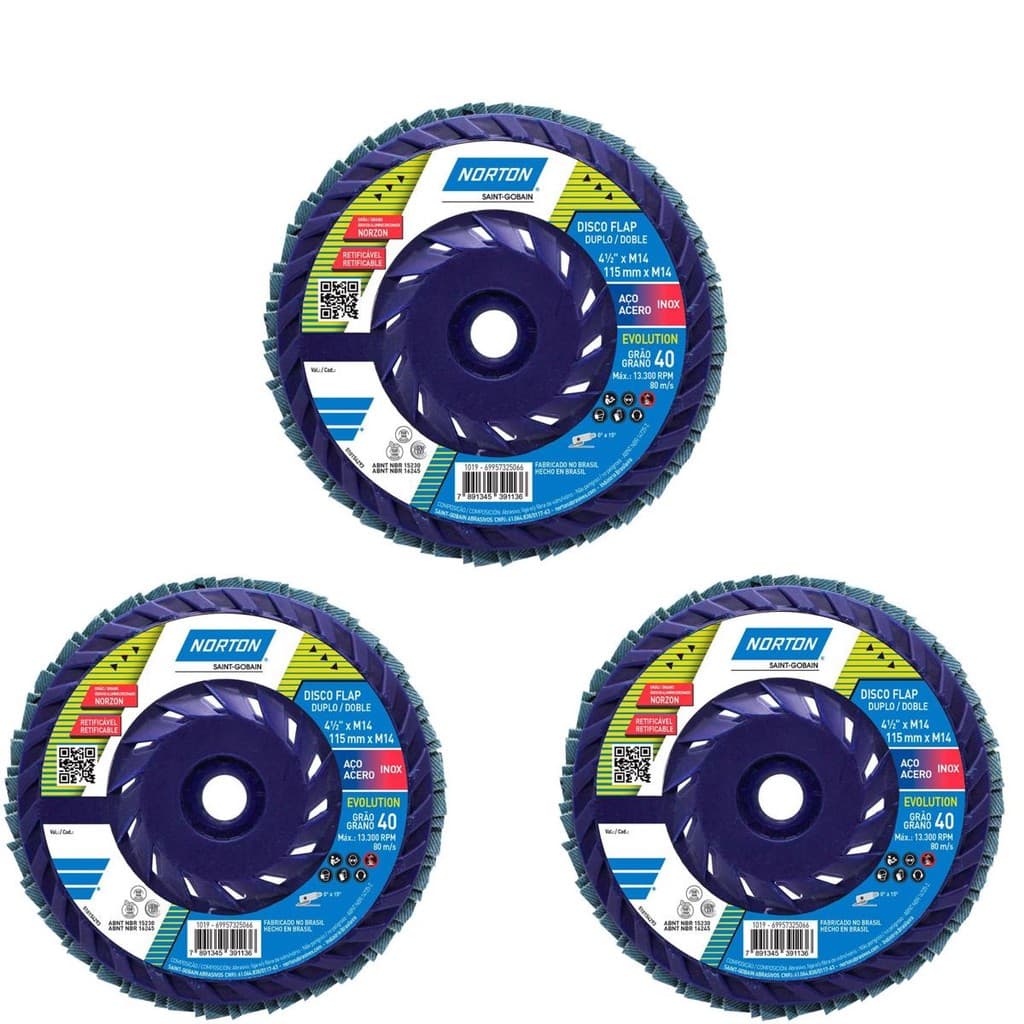 KIT 3 DISCO FLAP GRÃO 40 R822 115X22.23 EVOLUTION IMP (AZUL) NORTON