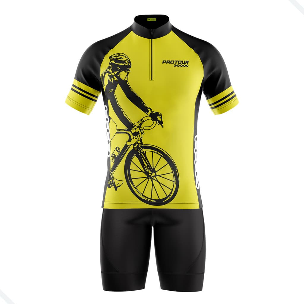 CONJUNTO CICLISMO MASCULINO BERMUDA E CAMISA PRO TOUR PNEU AMARELA COM BOLSOS UV 50+