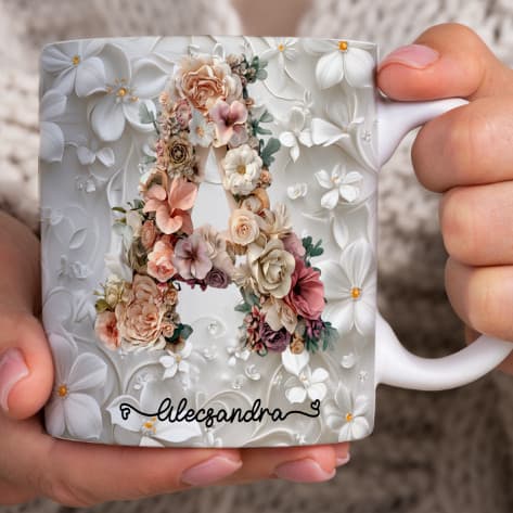Caneca Xícara Personalizada com Seu Nome Letra Floral Presente Criativo Porcelana 325ml