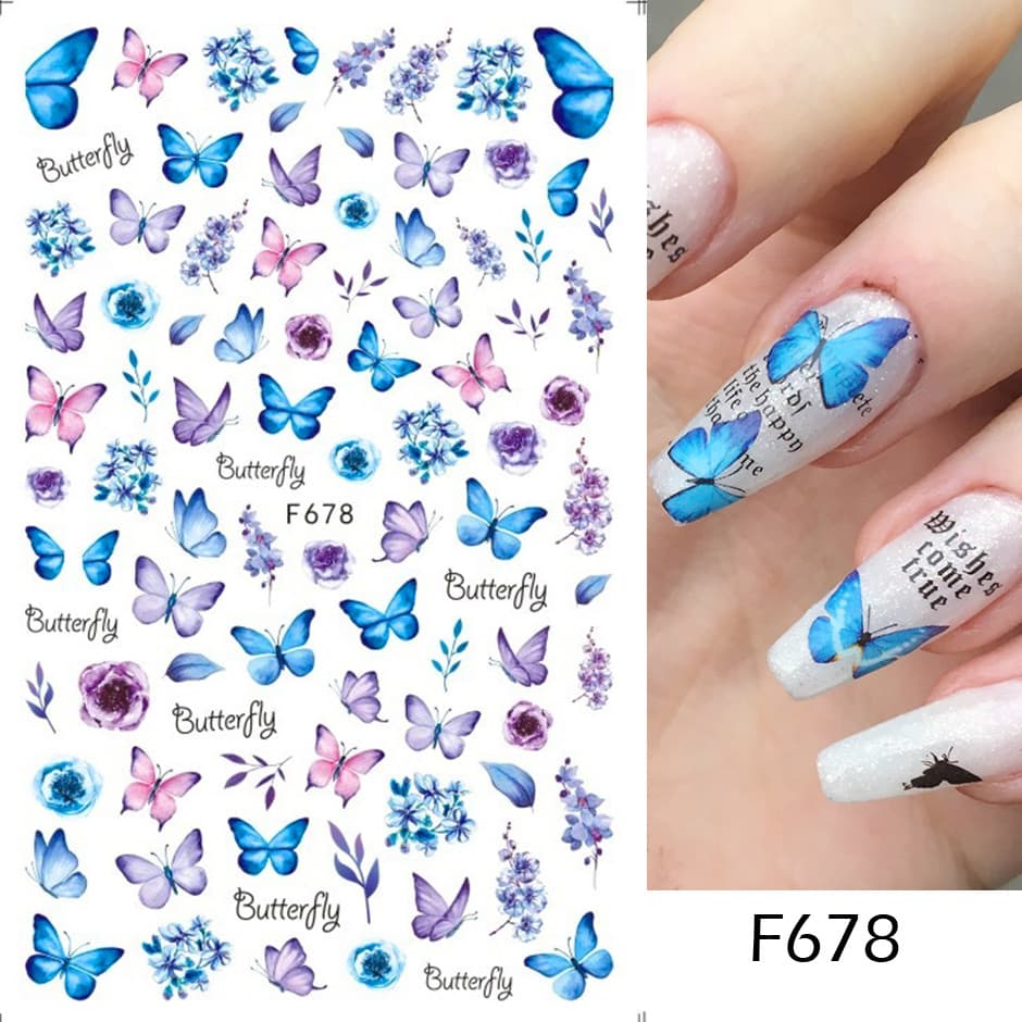 Decalques Vintage Aquarela Azul E Roxo Borboleta Para Arte Em Unhas F678-Adesivos Florais Delicados Com Detalhes Folhas