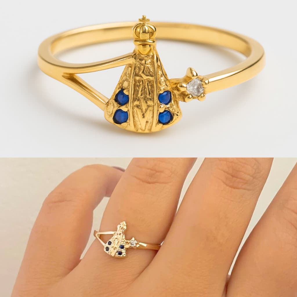Anel Nossa Senhora delicado Cravejado Folheado A Ouro 18k