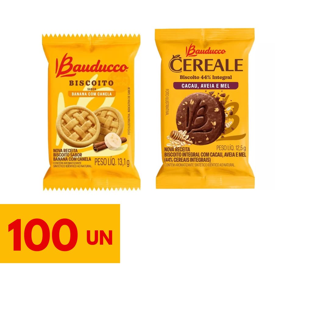 Kit 100 Biscoito Amanteigado Sache Bauducco Sabores (Banana com Canela Cereale)