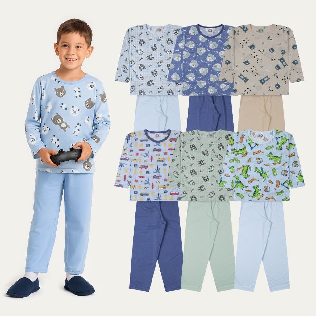 Kit Sortido 2 Conjuntos Pijama Estampado Infantil Masculino 2 Blusas + 2 Calças