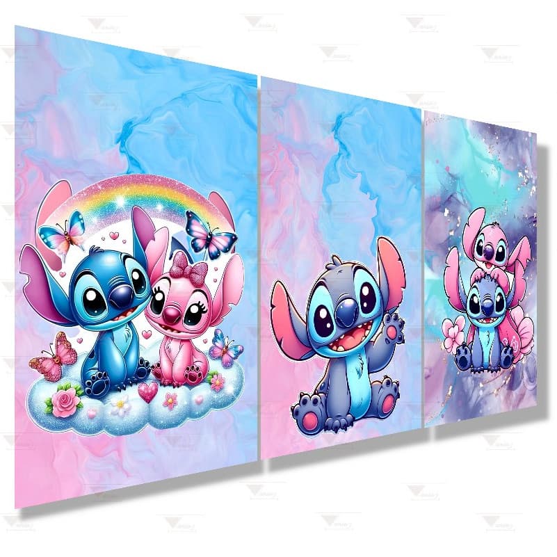 Kit 3 Quadros Decorativos Lilo Alienígena Azul Stitch E Angel Animação Excelente Qualidade