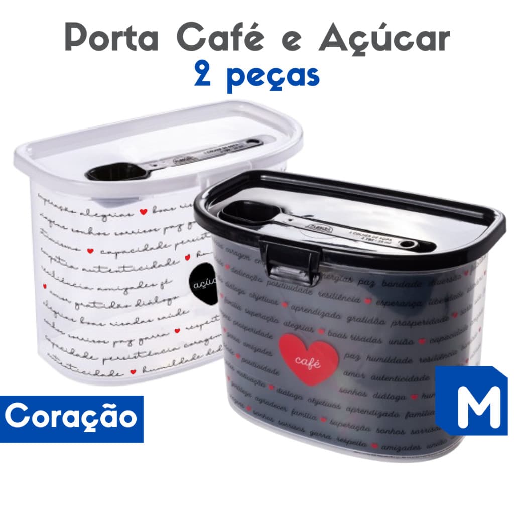 Kit 2 peças Porta Açúcar e Café Preto e Branco Corações