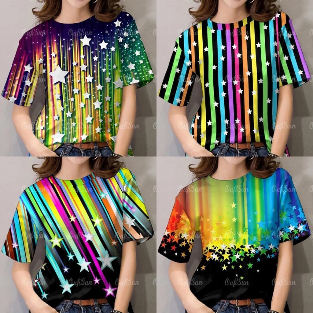 2025 Solto Manga Curta Topos Arco-Íris Estrela Padrão Camiseta Feminina Moda Em Torno Do Pescoço Plus Size Roupas Femini