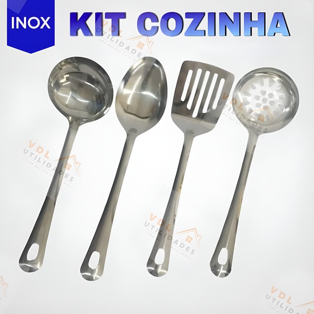 Kit 4 Peças Utilidades INOX para Cozinha Espatula Escumadeira Colher de Arroz Concha Comida Cozinha