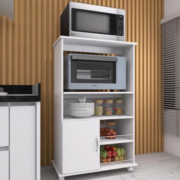 Balcão Organizador Fruteira Multiuso com Gabinete Forno Suporte para Microondas com Rodinhas