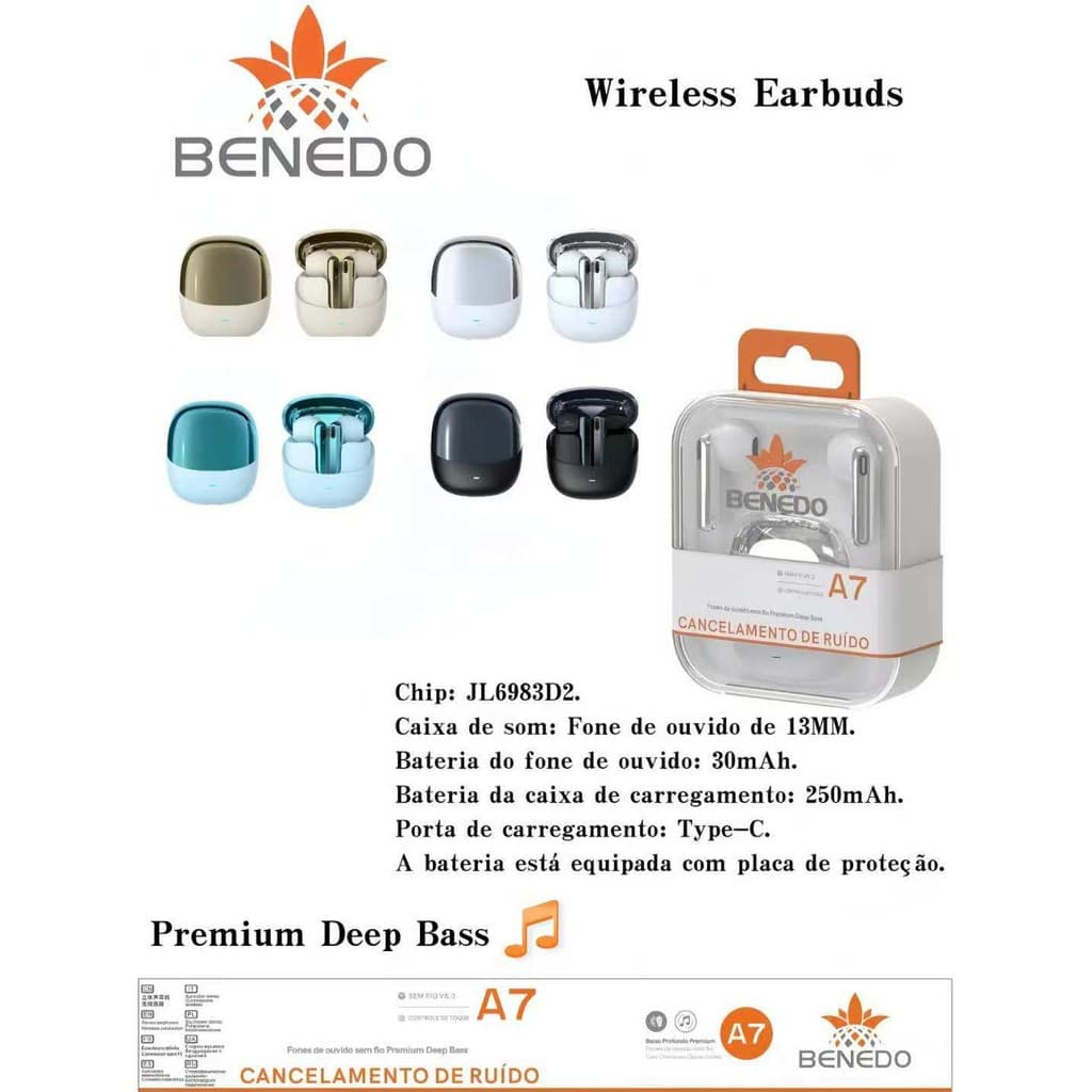 Fone De Ouvido Benedo A7 Graves Altos Inteligente Bluetooth 5.3 sem fio