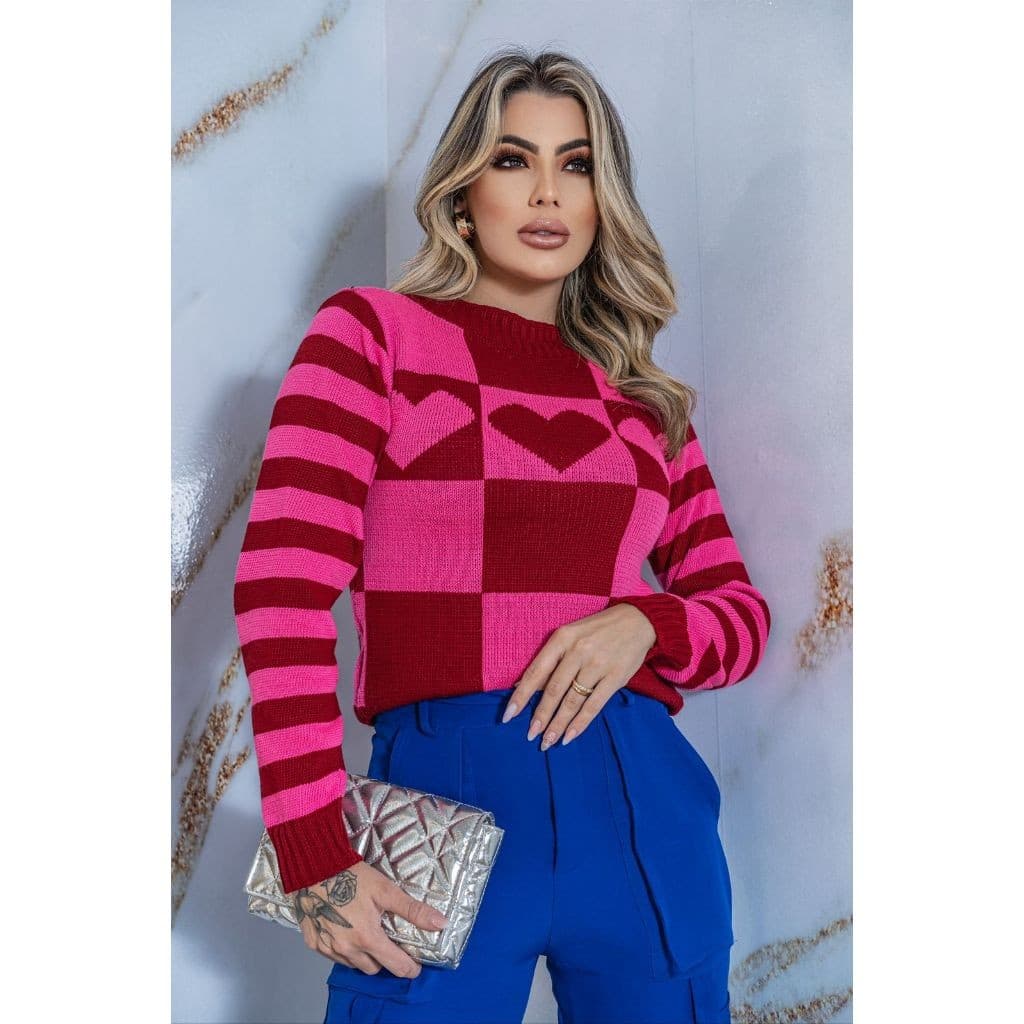 Blusa Coração Tricot Listrada Blusinha Jackar Xadrez Moda Feminina Outono Inverno Charmilly Tricot