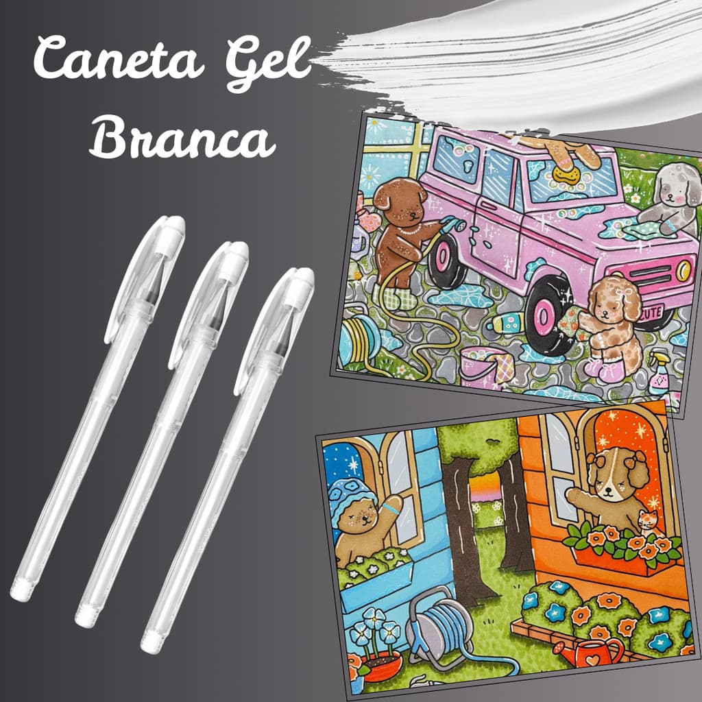 Caneta Gel Branca 0.6mm Traço Fino Colorir Iluminar Detalhes Desenho Pintura