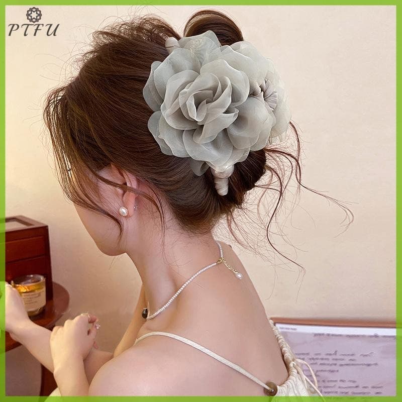 PTFU > Elegante Delicado Grande Tecido Malha Rosa Flor Para Mulheres Meninas Imitação Pérola Floral Clipe Acessórios De