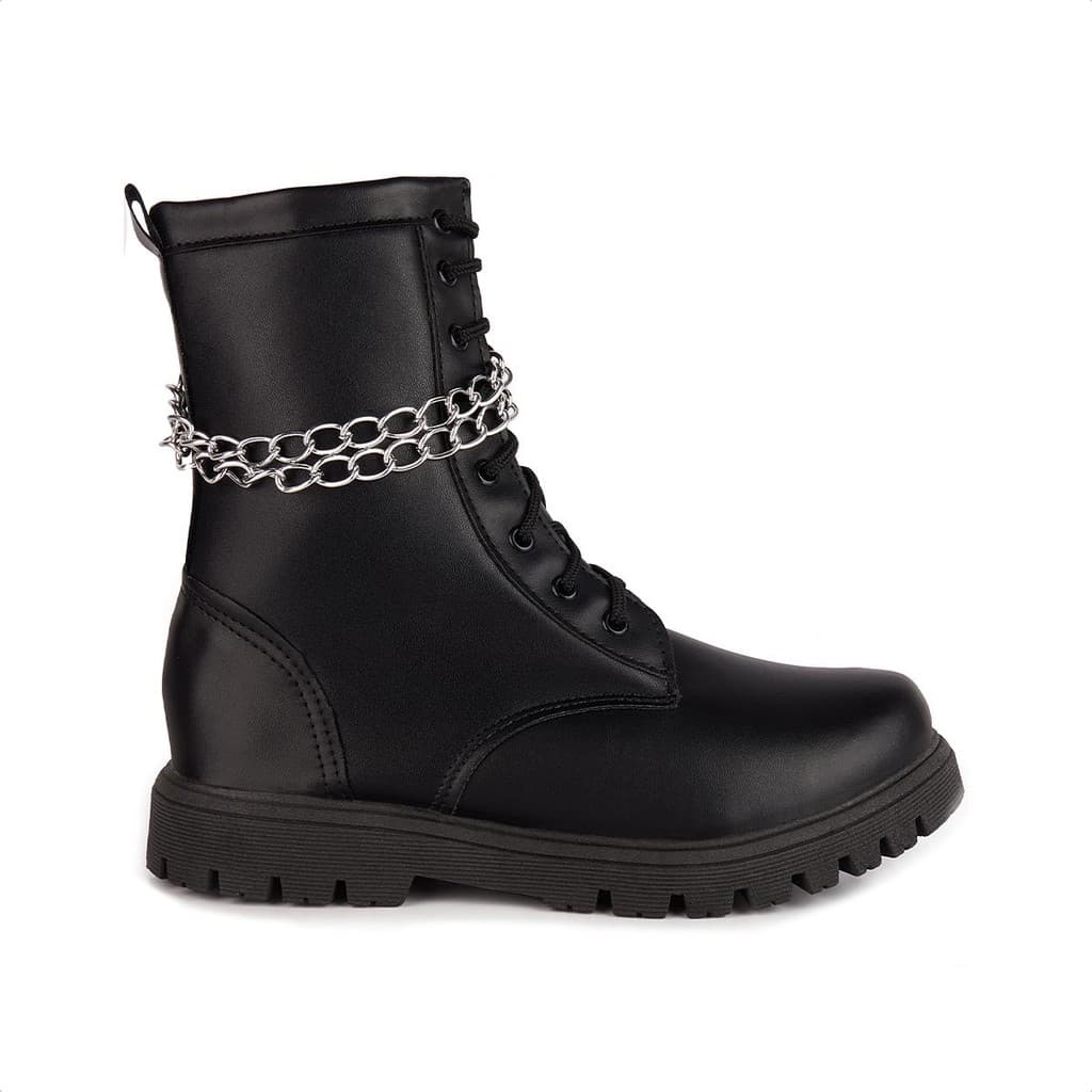 Bota Coturno Infantil Cano Alto Tratorada com Corrente Confortável e Zíper Lateral Menina Fashion