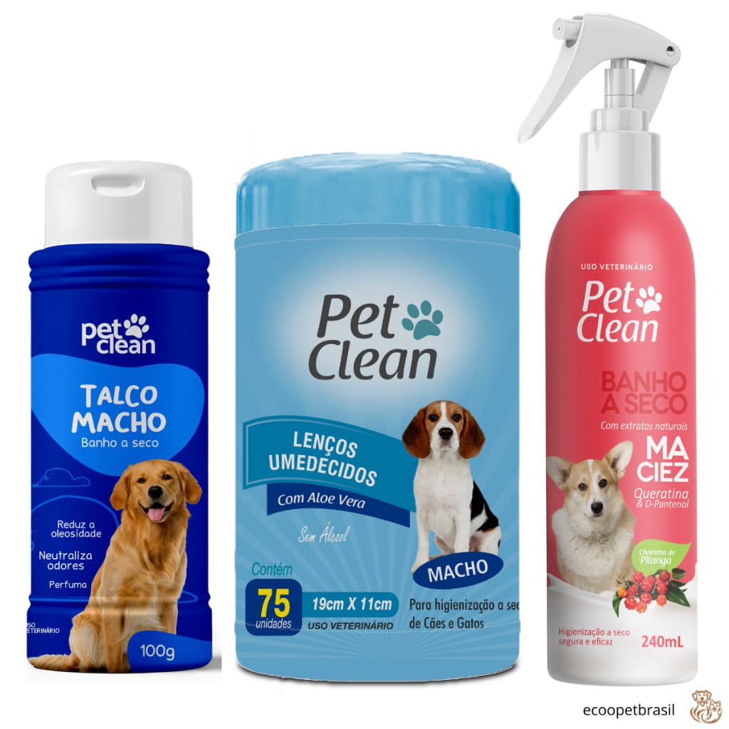 Kit Novo Banho a Seco Cachorro Cães e Gatos  + Talco Macho + Lenços Umedecidos 70 unid. Pet Clean