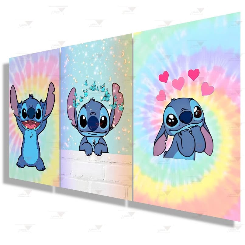 Kit 3 Quadros Decorativos Lilo & Stitch Alienígena Azul Animação Excelente Qualidade