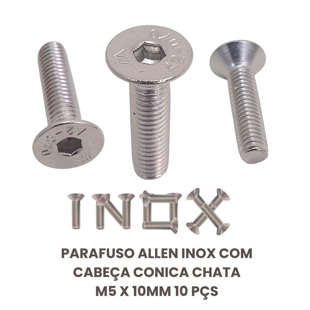 Parafuso Allen Inox Com Cabeça Conica Chata M5 X 10mm 10 Pçs